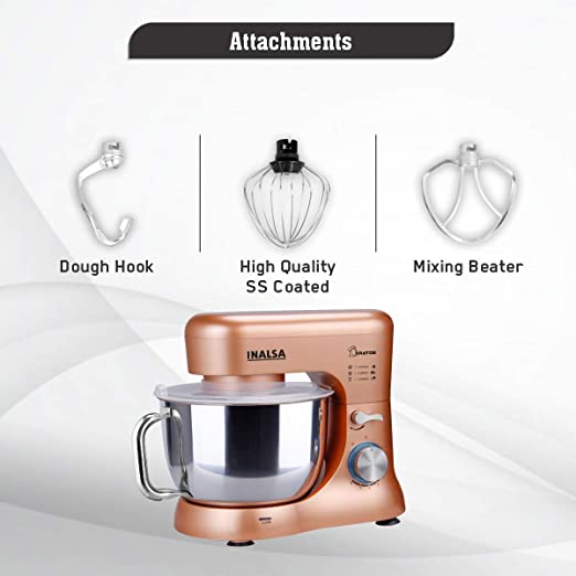 INALSA Stand Mixer Kratos-1000W | 100% Pure Copper Motor| 5L SS Bowl| 8 Speed Control| Tilt Head| Includes Whisking Cone, Mixing Beater & Dough Hook| 2 Years Warranty, (Champagne) INALSA Stand Mixer Kratos-1000W | 100% Pure Copper Motor| 5L SS Bowl| 8 Speed Control| Tilt Head| Includes Whisking Cone, Mixing Beater & Dough Hook| 2 Years Warranty, (Champagne)